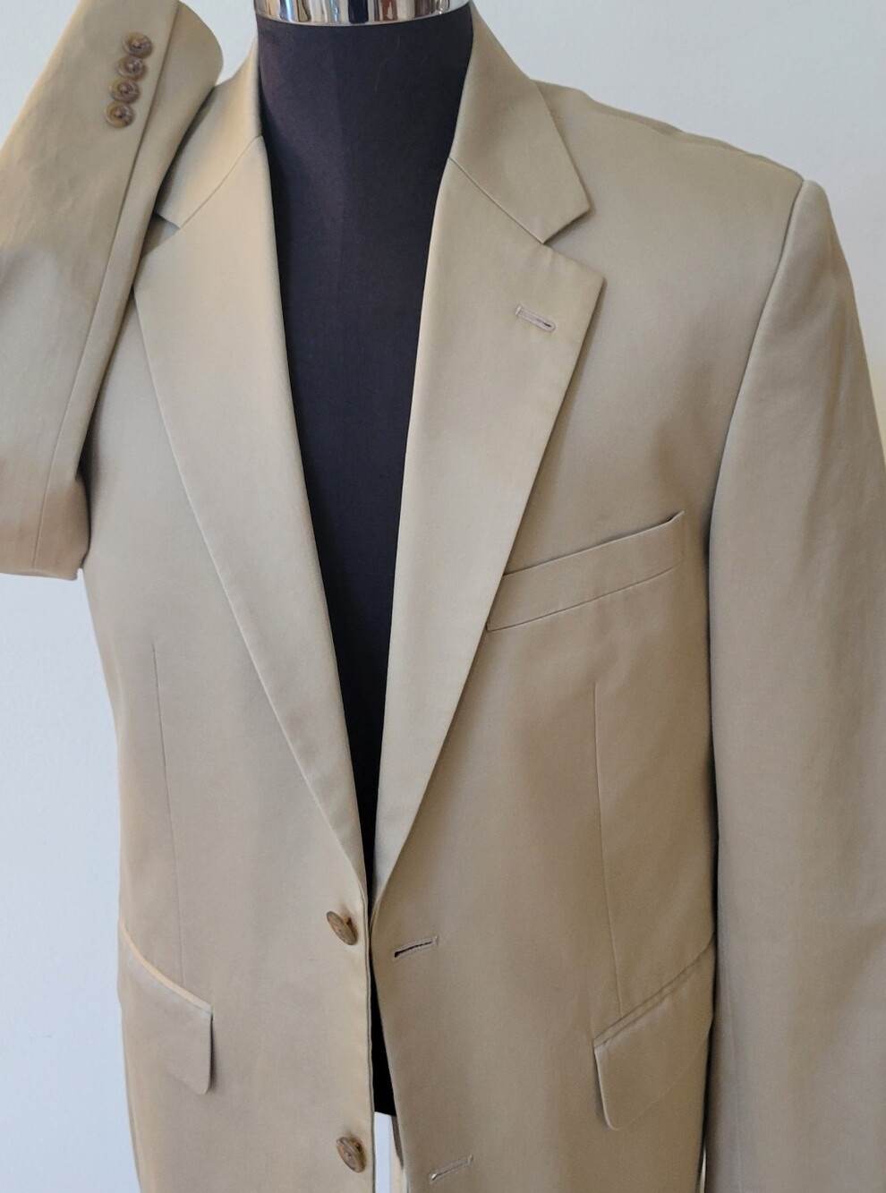 Land's End 40R Tan Ctn Blazer-2 Tortoise Butns Chest/4 cuffs/31"L/30 3/4" Sleeve
